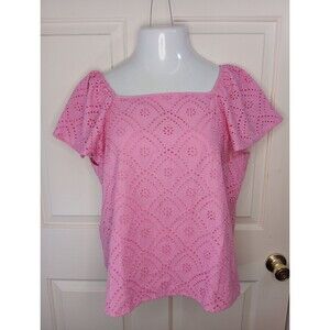 Ann Taylor Factory Eyelet Top Large Pink On/Off Shoulder Short Sleeve Lined